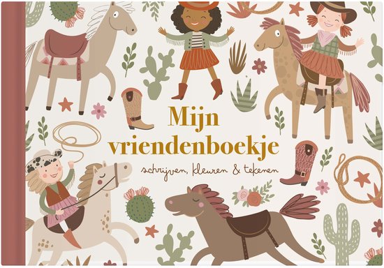 Mijn vriendenboekje met cowboy thema. Meisjes op paarden, cactussen, cowboylaarzen en hoeden. Goudfolie details.