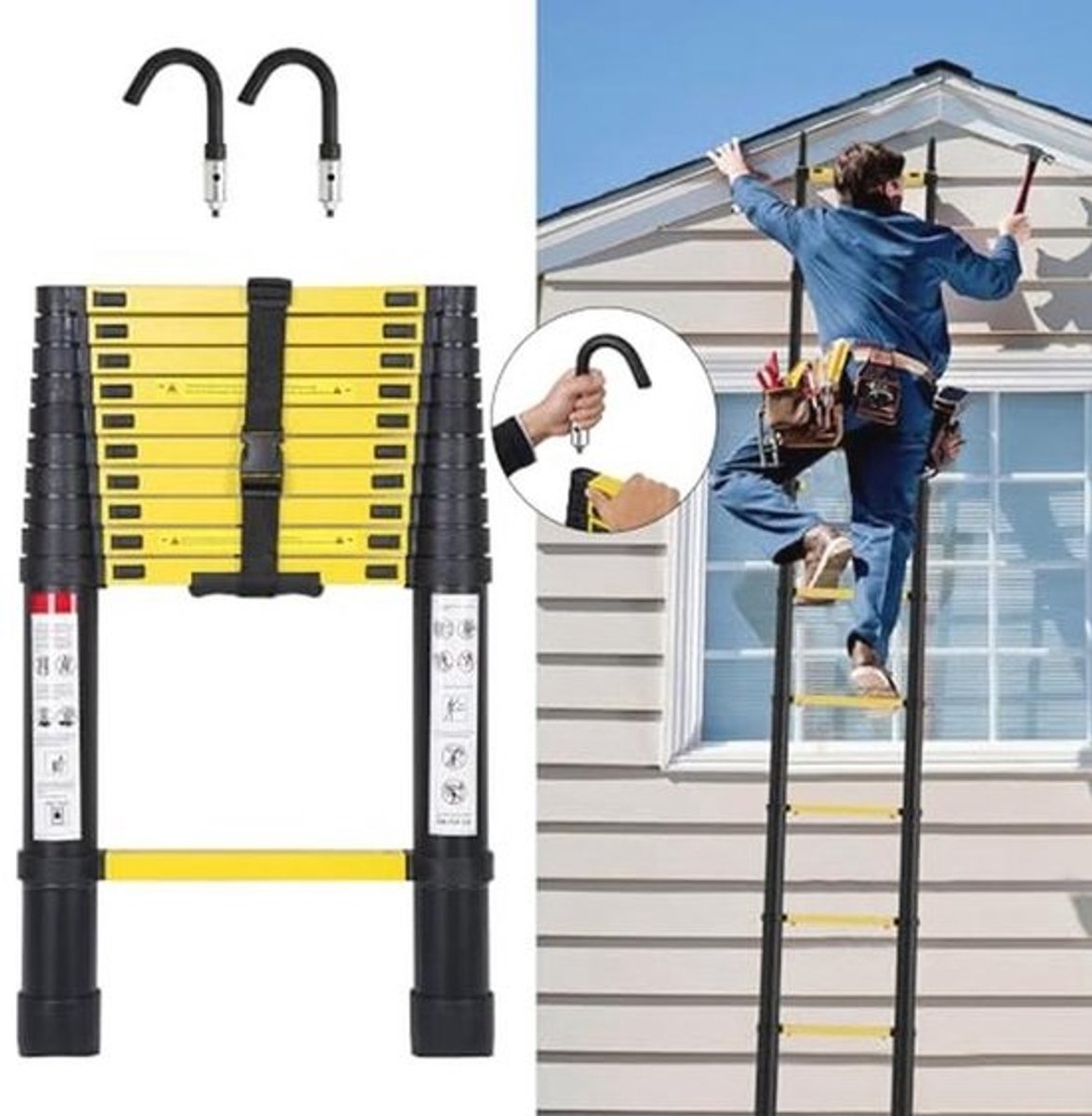 Telescopische ladder - 3,2 m - Multifunctionele aluminium ladder - antislip - met haken - Belastbaar tot 150 kg