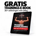 Tablet met een afbeelding van de optrekstang en "TRAINING HANDLEIDING" met "Meer dan 30 oefeningen!". Tekst erboven: "GRATIS TRAININGS-E-BOOK".