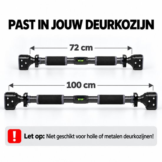 Zwarte optrekstang in twee maten (72 cm en 100 cm) met markeringen, en een waarschuwing voor deurkozijnen.