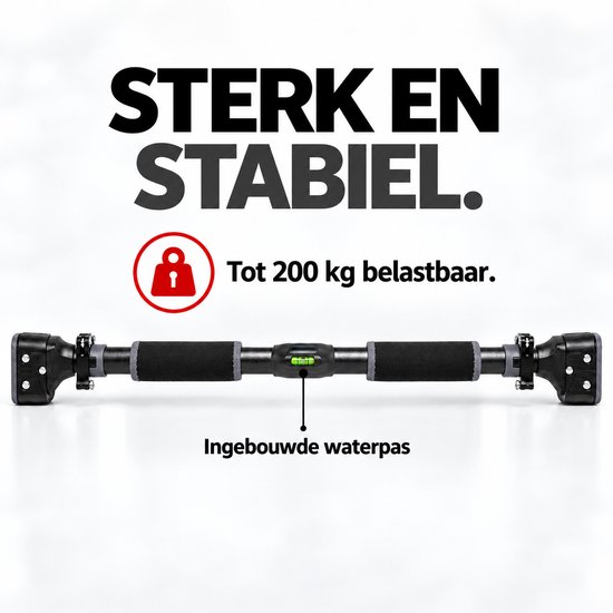 Zwarte optrekstang met comfortabele handvatten en ingebouwde waterpas, belastbaar tot 200 kg.