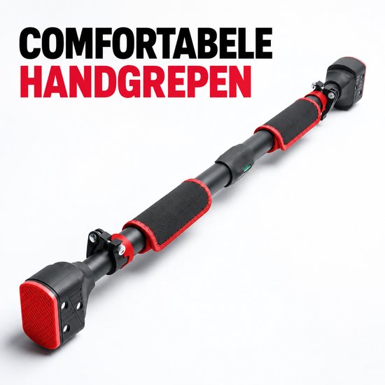 Zwarte optrekstang met rode accenten, zwarte schuimrubberen handgrepen en rode antislip-pads aan de uiteinden. "COMFORTABELE HANDGREPEN".