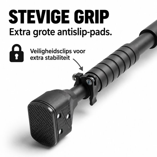Close-up van de B-Physic pull-up bar met "STEVIGE GRIP" en "Veiligheidsclips voor extra stabiliteit".
