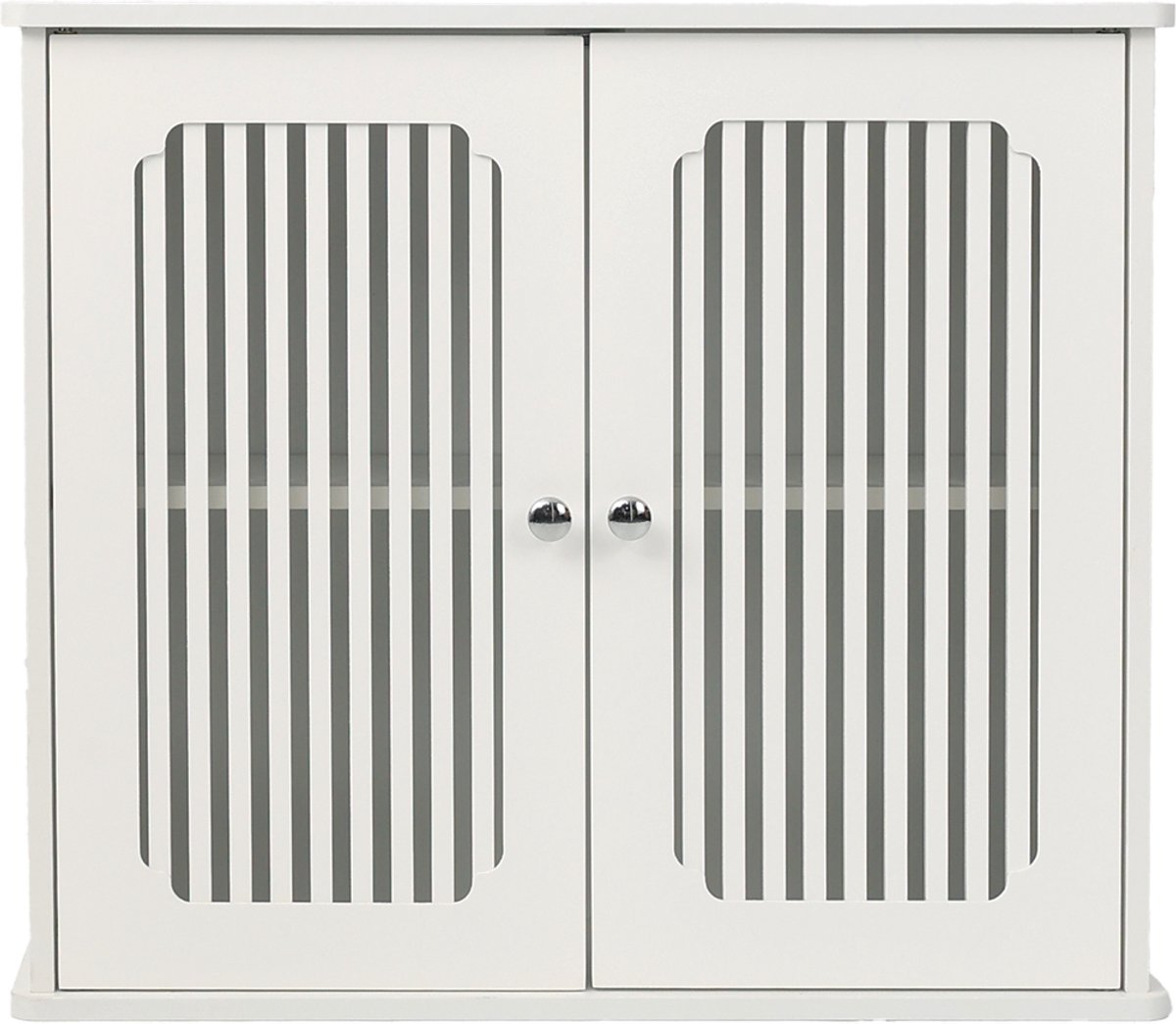 Wandschrank Voor De Badkamer - Badkamerkast Voor Wandmontage - Twee Deuren Met Lamellenfront - Opbergruimte Voor Handdoeken - Wit MDF