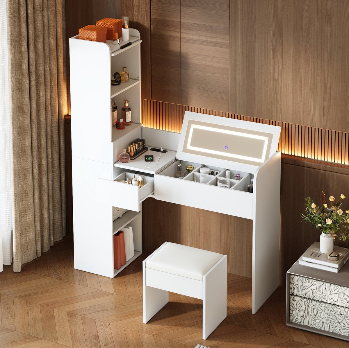MODENUIT Kaptafel - LED-Spiegel Met USB-Aansluiting - Slaapkamer En Kleedkamer - Hout - 131x40x160 Cm - Wit