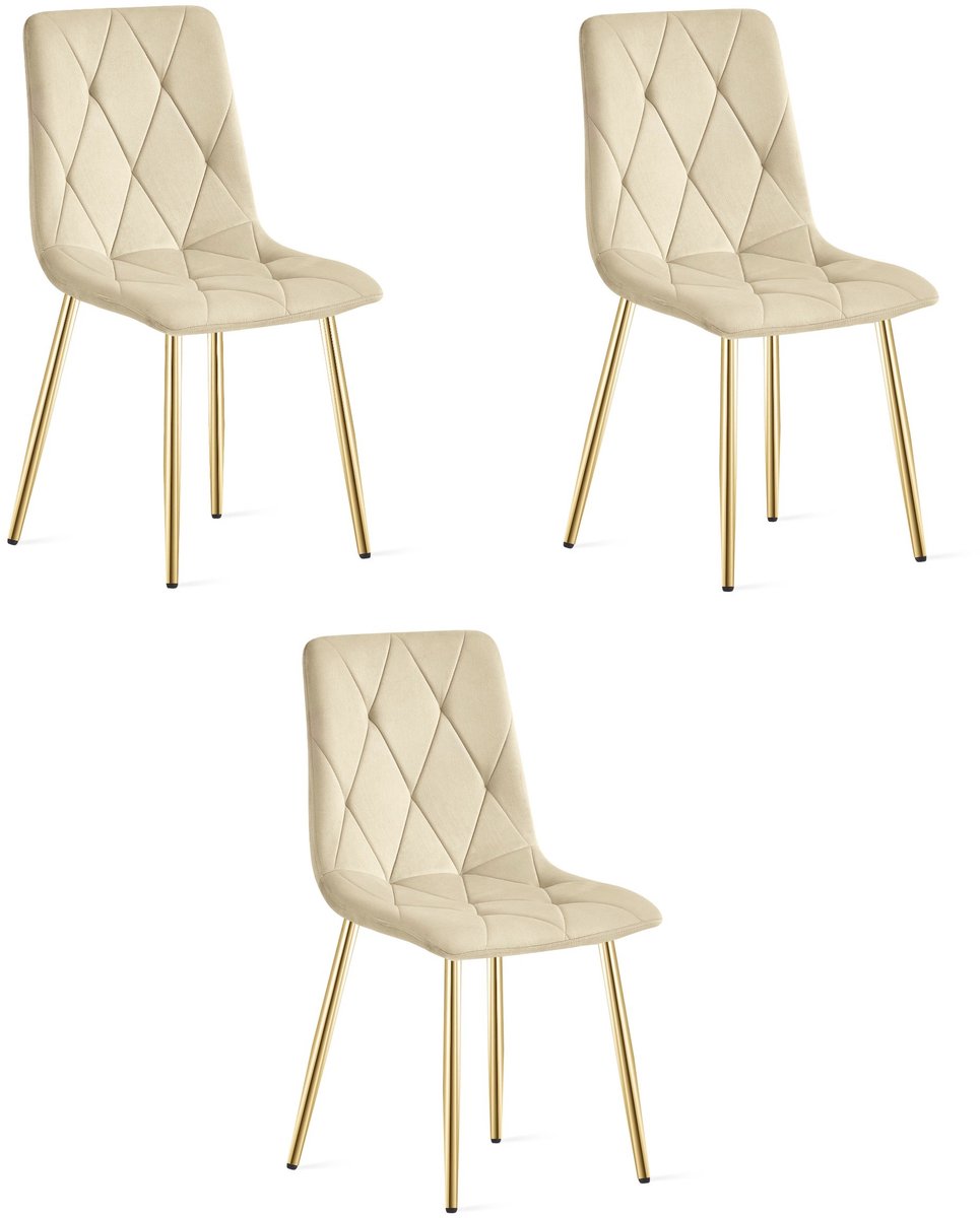 Set van 3 Eetkamerstoelen LIBRA - Lichtbeige fluweel - Gouden metalen poten - Modern design