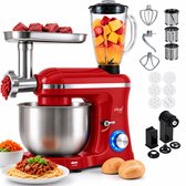 Rode keukenmachine met zilveren mengkom, blender vol fruit en vleesmolen met vlees.