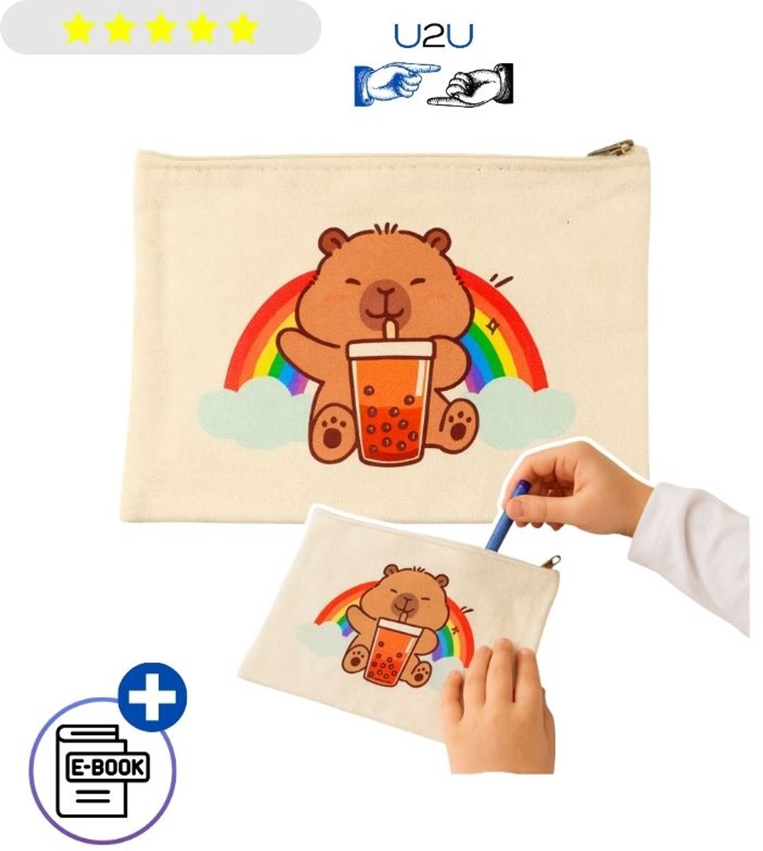 Capybara Etui Toilettas met Rits & Bubble Tea Print – Organizer voor Kinderen, Tieners & Dames, Make-up Tas, School Etui voor Pennen & Accessoires, Lichtgewicht Reistas met Schattig Wolken & Regenboog Design – Met Ebook