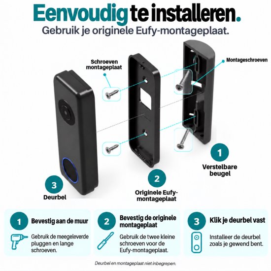 20° t/m 50° hoekbeugel wig voor Eufy camera deurbel | Geschikt voor Eufy S330/S210/S220/E340/C210/C30/C31 | Vezel-versterkt Kunststof | Inclusief schroeven — afbeelding 4