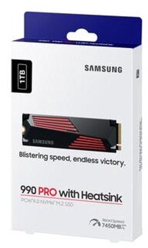 Verpakking Samsung 990 PRO SSD met heatsink, 1TB. Bevat afbeelding van de SSD.