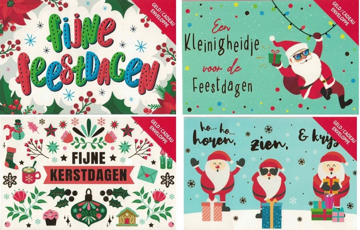 4 Geschenk enveloppen - Geld kado enveloppen - set van 4 - Kerst - Feestdagen - kerstpakket - Fijne dagen - Gelukkig Nieuwjaar - cadeau kaart envelop - cadeau kaart verpakking - cadeau envelop - kado enveloppen