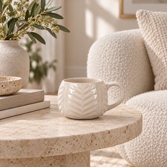 Fameilleur mok beige 20 cl – stijlvolle stenen koffiemok en theemok met bladstructuur, reactief glazuur, vaatwasser- en magnetronbestendig- koffiemok- koffiebeker- koffie mok- koffie beker- thee mok - theemok- servies — afbeelding 3
