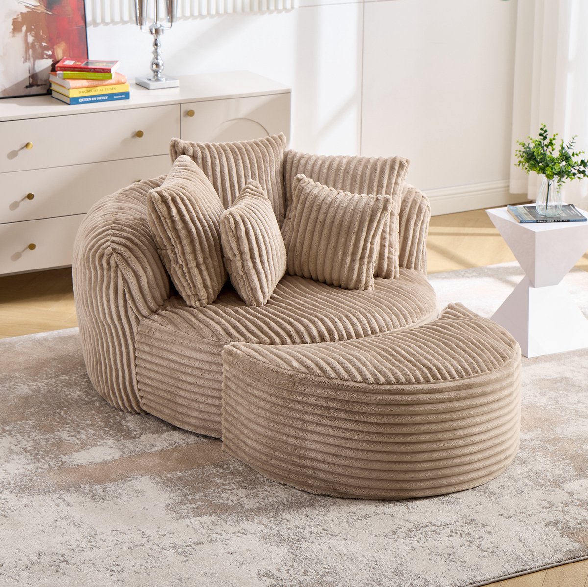 MIVRAY Fauteuil 168 x 123 x 63 Cm - Ronde Loungestoel Met Voetenbank En Vijf Kussens - Woonkamer En Slaapkamer - Ribfluweel Camel Bruin Camel en bruin