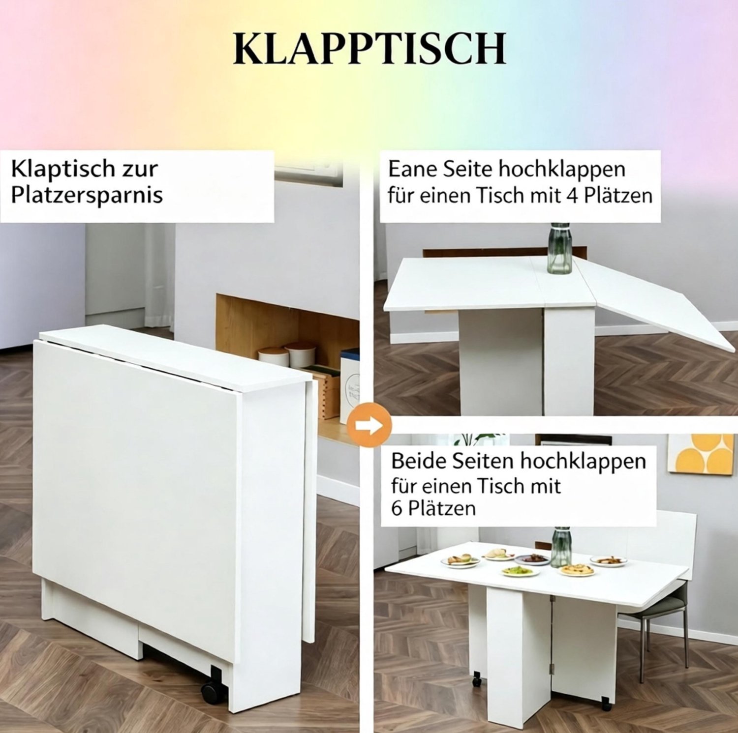 DESMIU Klapbare Eettafel - Uitschuifbaar Met Wieltjes En Opbergruimte - Voor Keuken En Kleine Ruimtes - Spaanplaat - 75x140x74 Cm - Wit