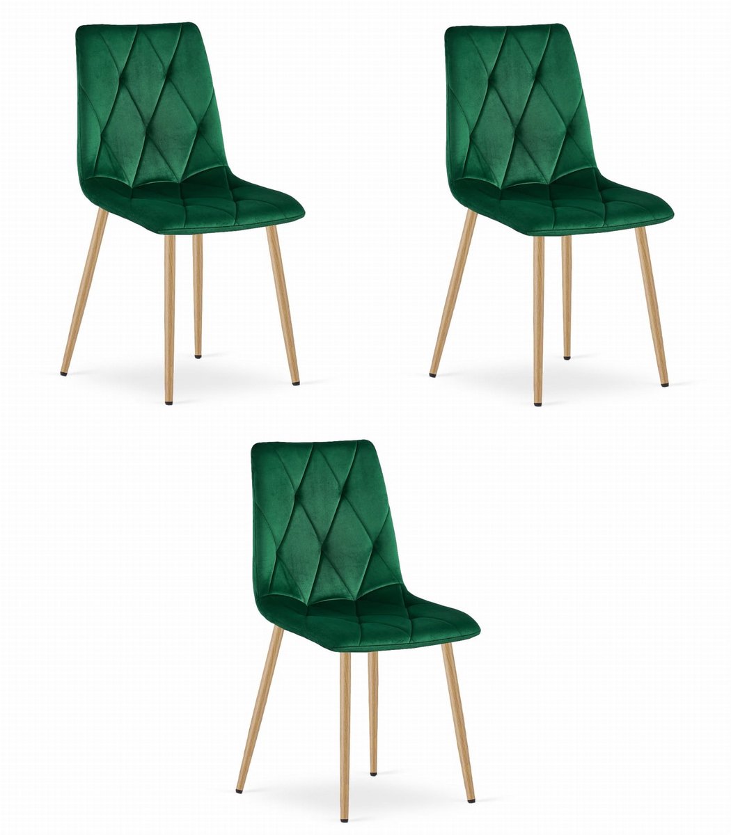 LEOBERT Set van 3 Eetkamerstoelen LIBRA Groen – Houtlook Metalen Poten, Modern Velvet Bekleding, Ergonomisch Design, Max. 120 kg