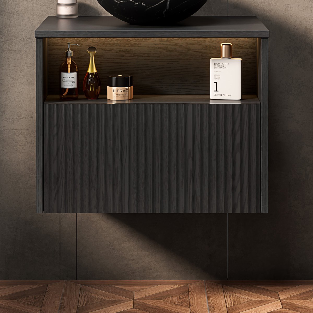 MODENUIT Badkamerkast - Wandmontage Met 1 Lade - Voor Badkamer - Hout - Zwart - 60x46x46,8 Cm