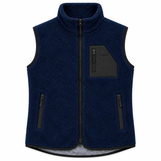Marineblauwe fleece bodywarmer met zwarte ritsen en een borstzak, afgebeeld op een witte achtergrond.