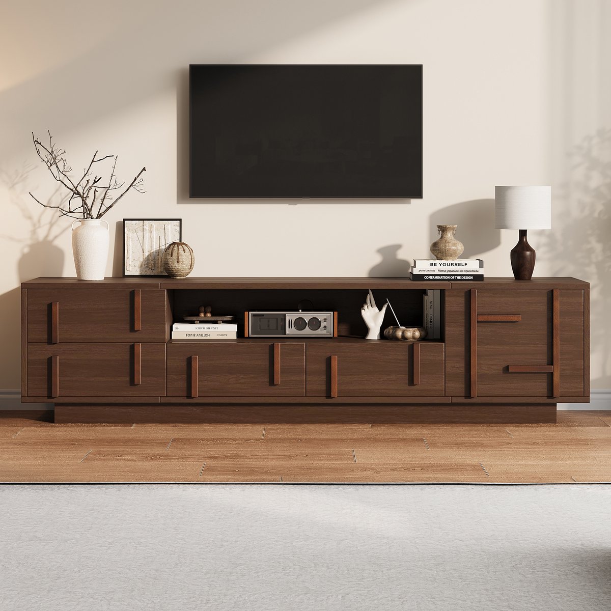 Wishdor TV meubel - Voor tv's tot 75 inch - 4 lades en open vakken - Kabeldoorvoer en gesloten kastvak - Eigentijds design - Woonkamer - MDF - Walnootkleur - 180 x 40 x 45 cm