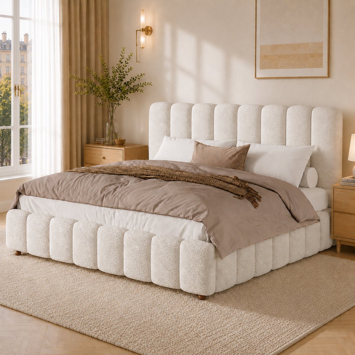 Pugsdrly Gestoffeerd bed, tweepersoonsbed, 180*200 cm, bed met lattenbodem en gestoffeerd hoofdeinde, poten van massief hout, wit Bouclé
