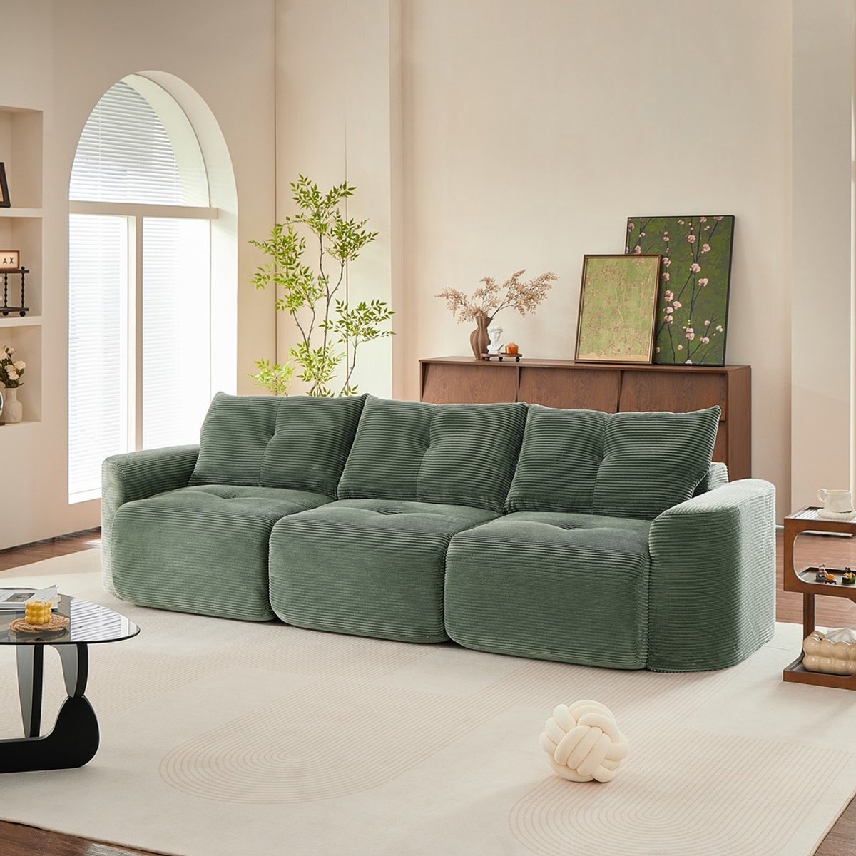 Pugsdrly Moderne modulaire driezitsbank in saliegroen – Wabi-Sabi-stijl, corduroy bank met afneembare eenpersoonszitting, 2+1-opstelling, geribbeld ontwerp, rond ontwerp