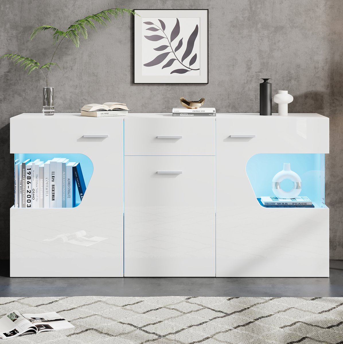 HAUSS SPOLE Dressoir - Hoogglans Wit Met Ledverlichting 3 Deuren En Lade - Voor Woonkamer En Eetkamer - MDF - 140 x 33 x 70 cm