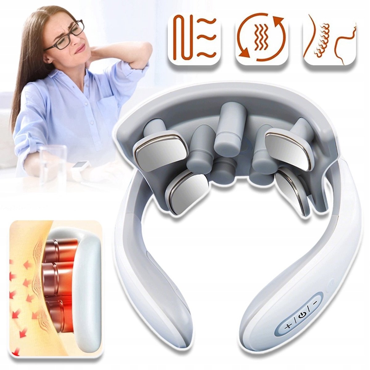 4 Koppen En Warmte- En Vibratiefunctie – Elektrisch Nekmassageapparaat Met 6 Pulsstanden En 15 Intensiteiten – Ergonomisch ABS En USB-Oplaadbaar – Voor Thuis, Op Kantoor En Op Reis – Wit