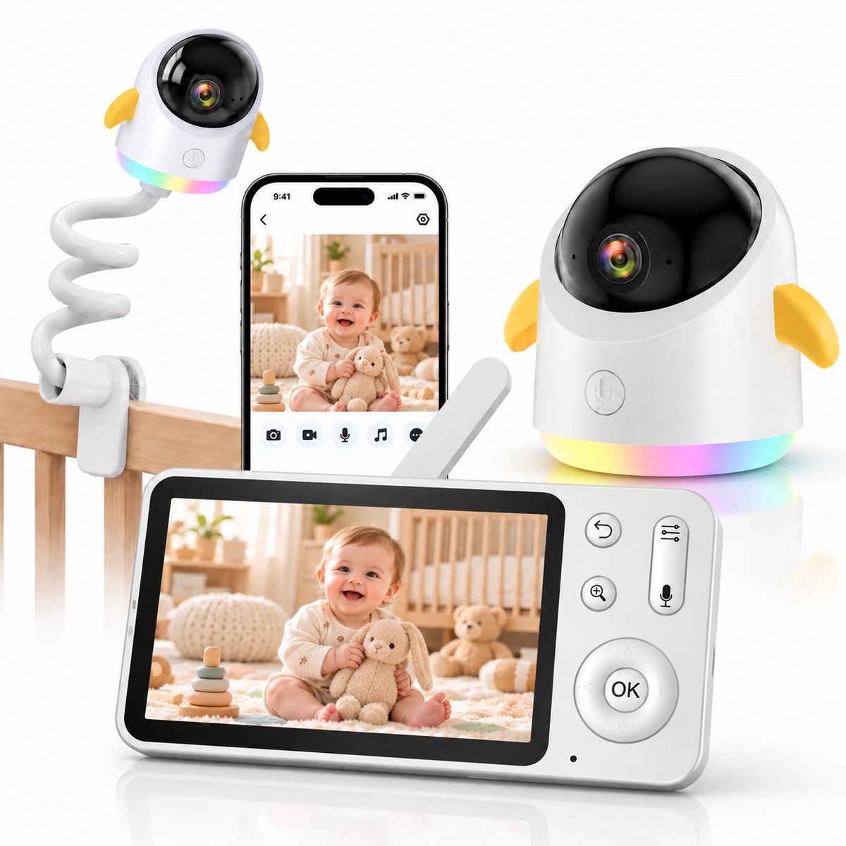 Babyfoon met Camera en App – 2K 3MP – 5 inch Scherm – 355° PTZ – Nachtzicht – Bewegings- en Huildetectie – Tweeweg Audio – 2.4 GHz WiFi – Inclusief Flexhouder