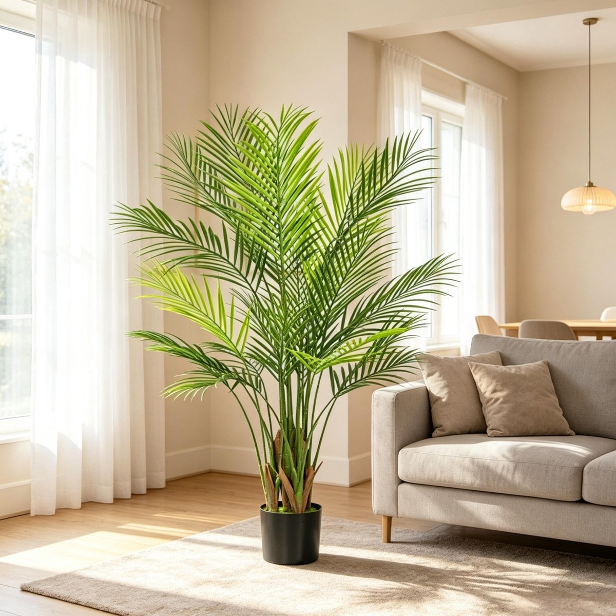 STILVORA Kunstplant - Realistische Areca - 120 cm - Kunststof - Groen - Voor Binnen - 22 Bladeren Met Decoratieve Vlokgrond