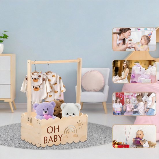 Houten kledingrek met babykleding en knuffels in krat met 'OH BABY' tekst. Ingezette afbeeldingen van babyshower momenten.