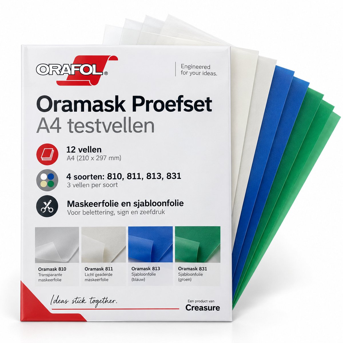 Oramask Proefset A4 | Maskeerfolie en Sjabloonfolie 810, 811, 813 en 831 | 12 Vellen om te Testen