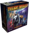 Doos van "Twilight Imperium: Fourth Edition Thunder's Edge Expansion" met diverse buitenaardse wezens en een ruimteschip op de voorkant.