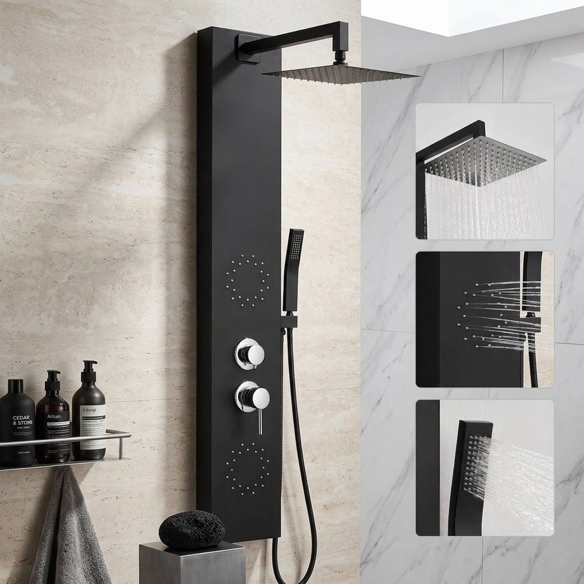 Auralum Max Massage Douchepaneel - Met Regendouche 10 Inch - Luxe RVS Douchekolom - Met Body Jets En Handdouche - Anti-Kalk - Doucheset - Eenvoudige Wandmontage - Zwart