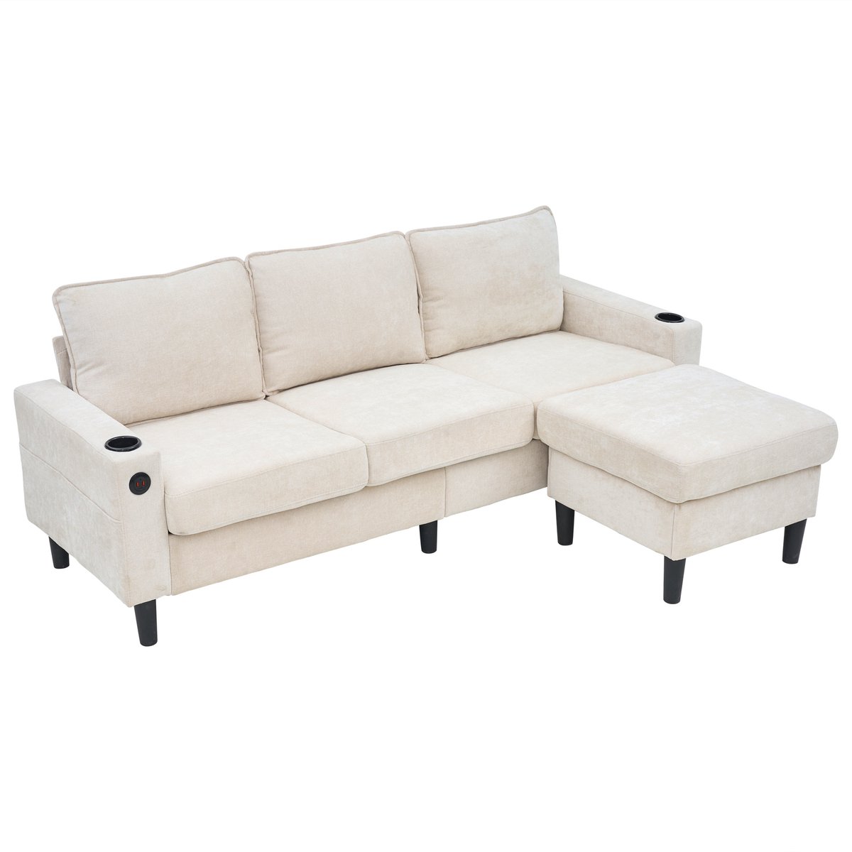 MEUBLE COSY L-Vormige Hoekbank - Linnen Met Ottomaan USB En Bekerhouder - Beige