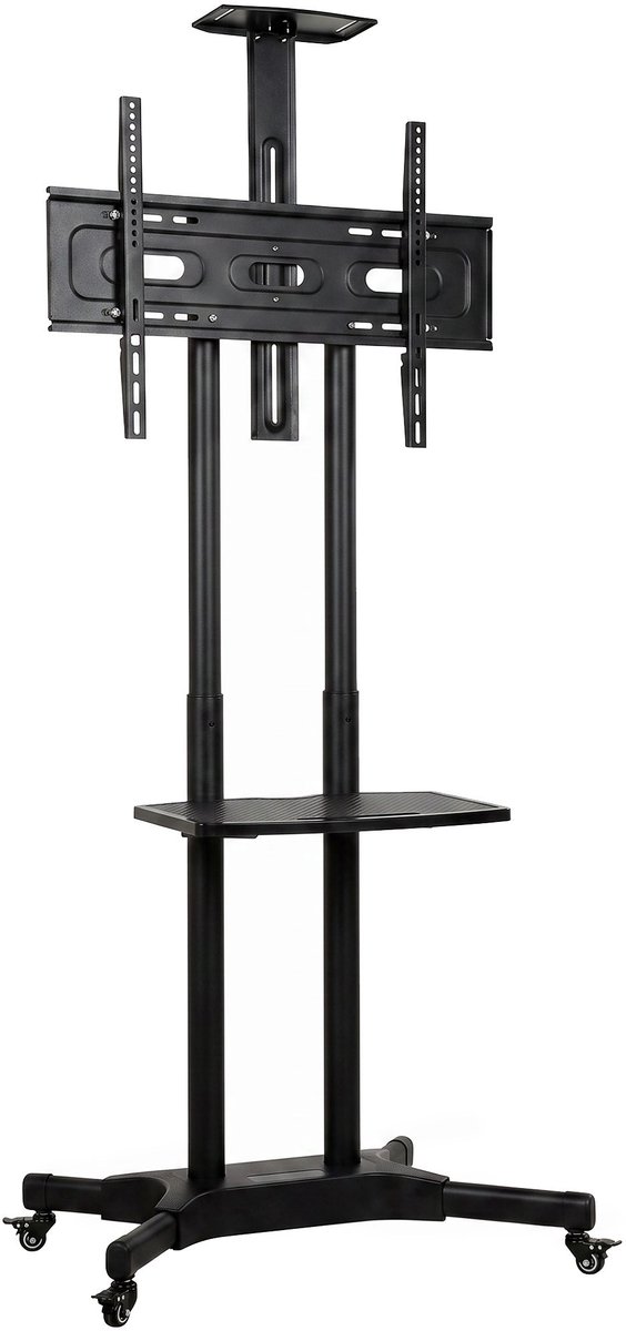 TV-standaard 85,3×64,8×129,5-189 cm, zwart, metaal, mobiele TV-standaard, vloerstandaard, monitorstandaard, TV-wagen op wielen, stabiel en duurzaam, eenvoudig ontwerp, praktisch en stijlvol, voor woonkamer, slaapkamer en vergaderruimte