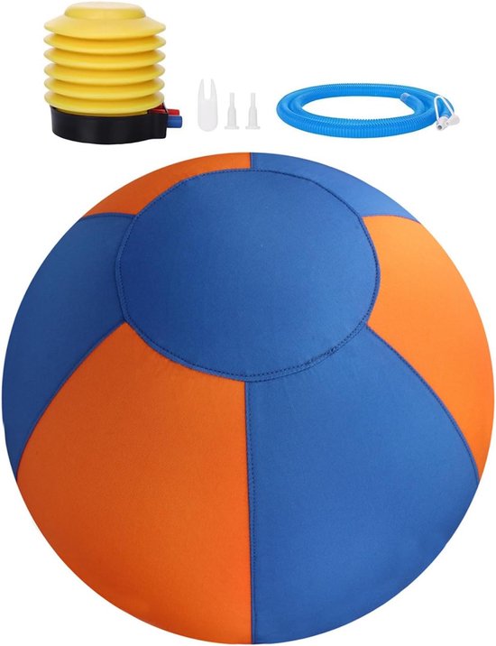 Opblaasbare bal met blauwe en oranje vlakken, met pomp en toebehoren.