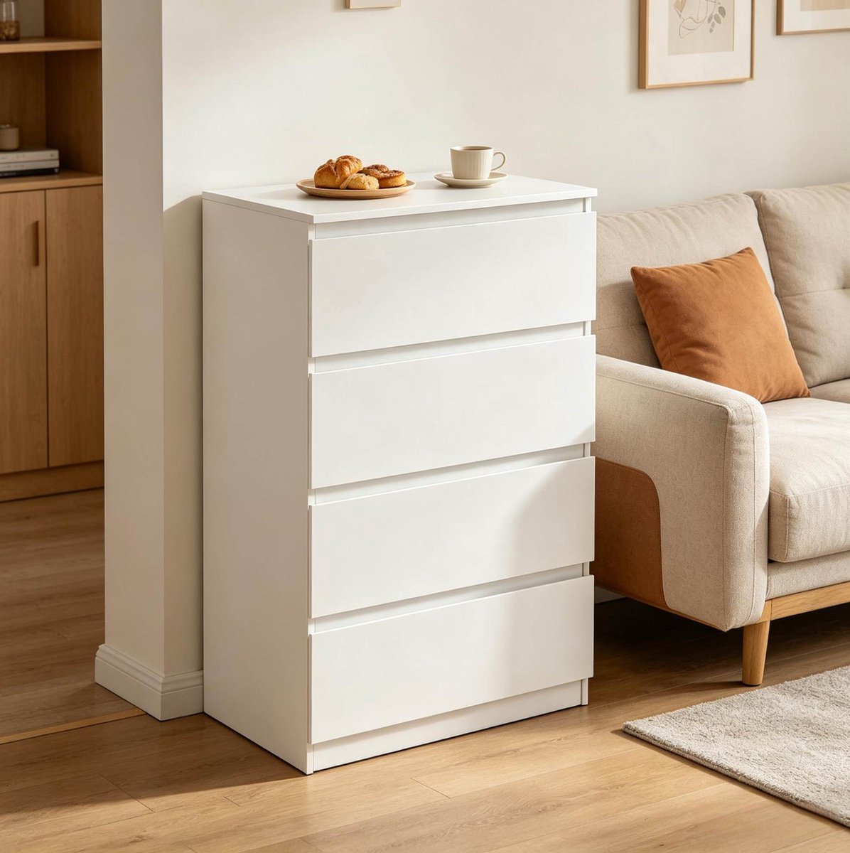 HAUSS SPOLE Ladekast - Vier Lades Voor Geordende Opbergruimte - Voor Slaapkamer, Woonkamer En Hal - Hout Met Melamine - 60 X 40 X 90 Cm - Wit