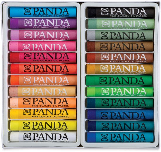 Een doos met 24 Talens Panda oliepastels in diverse kleuren, waaronder blauw, paars, roze, rood, oranje, geel, groen, bruin, grijs en wit.