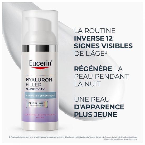 Fles Eucerin Hyaluron-Filler + Longevity nachtcrème, met tekst over huidverjonging.