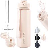 Roze thermosfles met rietje, extra dop, schoonmaakborstel en kleurenopties.