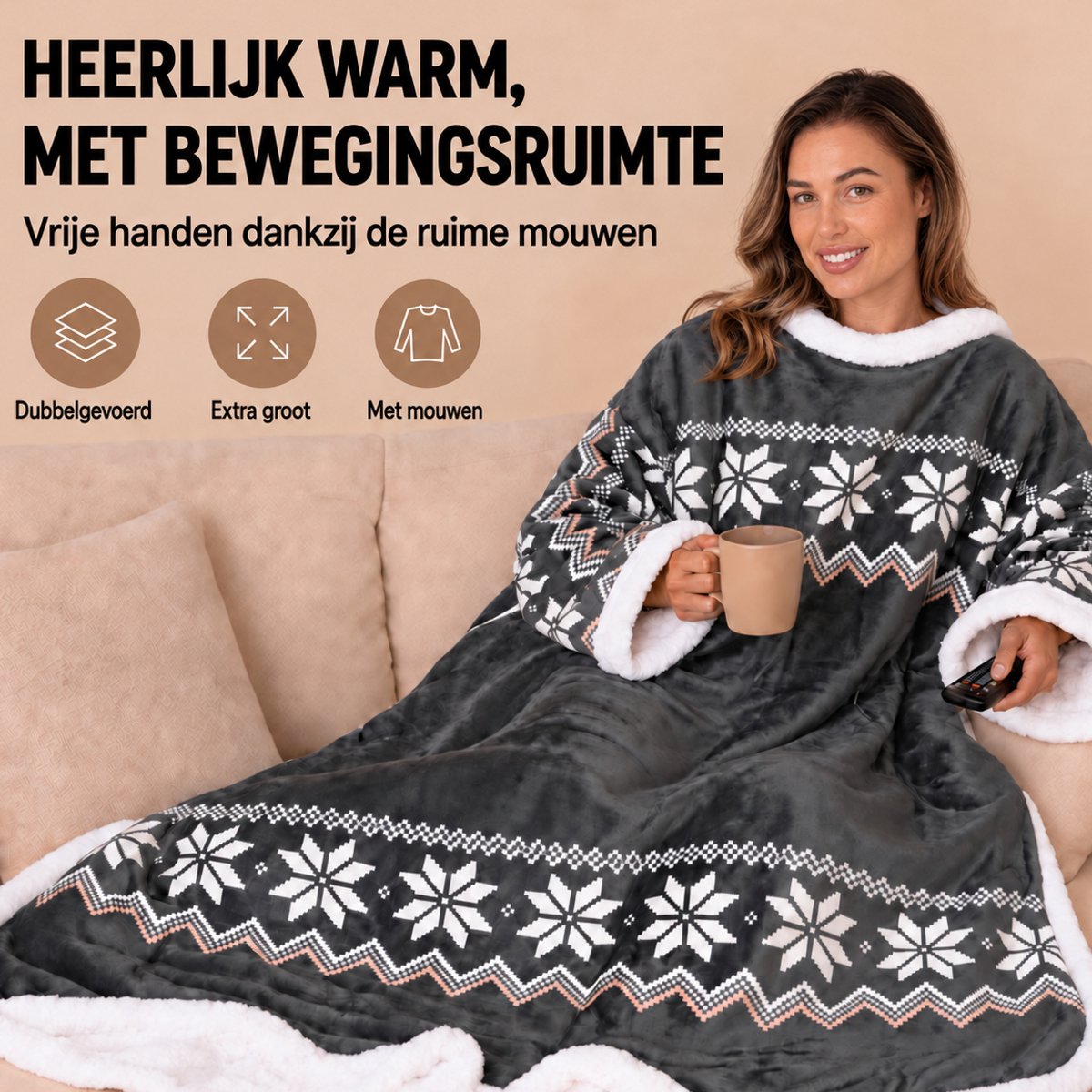 Fleece Deken met Mouwen - Plaid met Mouwen - Hoodie Deken - Hoodie Blanket - Huggle Hoodie - Snuggle Hoodie - Dekens - TV Deken - Zwart - Dames en Heren - Volwassenen - 180x130 cm - Noodpakket - Kerstcadeau - Snuggie Moment — cadeau in Wonen & Interieur - foto 2