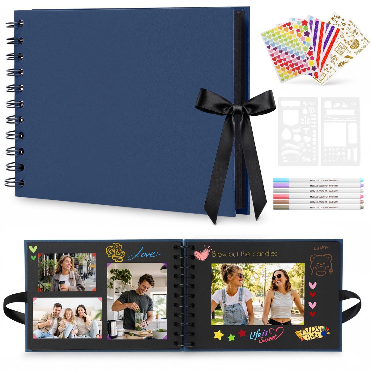 DazSpirit A5 Fotoalbum om Zelf te Maken, Scrapbook met 20 Vellen/40 Zwarte Pagina’s, 6 Metallic Pennen en 8 - ShopVlot