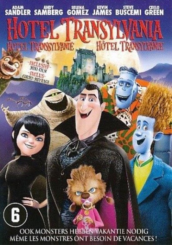 Filmcover Hotel Transsylvanië met Dracul, Mavis, Murray, Frankenstein, Dennis en Wolfman. Inclusief mini-film. Leeftijdsindicatie 6.