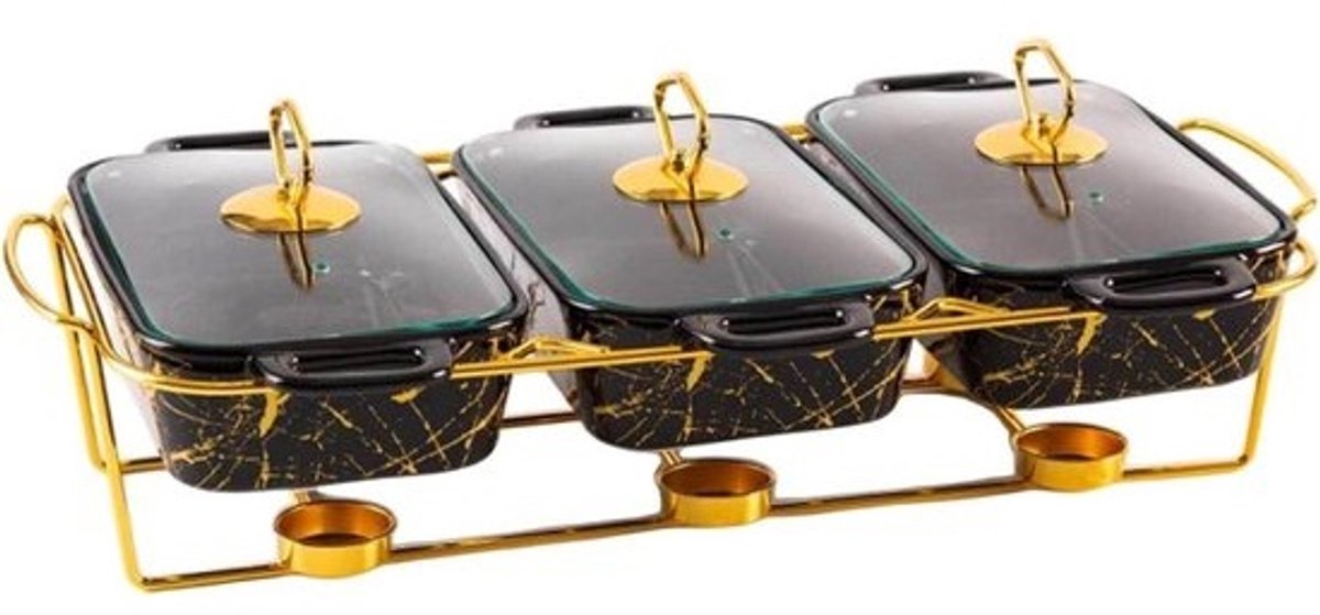 3-in-1 keramische buffetwarmerset - buffetverwarmer - verwarmingselementen voor levensmiddelen, buffet en warmterset met glazen deksel voor verjaardag, bruiloft, zwart