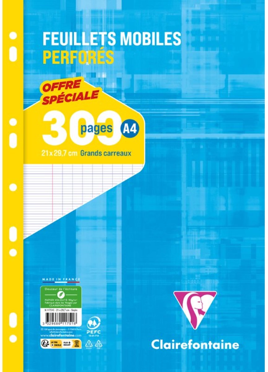 Clairefontaine losbladige vellen geperforeerd, A4, seyes, 90 g, 300 pagina's