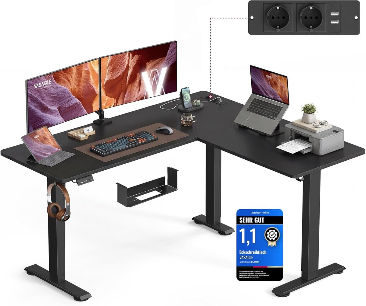 Elektrisch bureau, verstelbaar in hoogte, L-vormig hoekbureau 140D x 160B x 120H cm - Industrohome