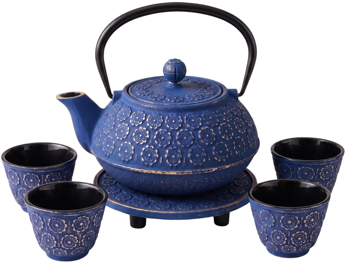 Gietijzeren theepot met zeef, kopjes en onderzetter HANU, 1 l