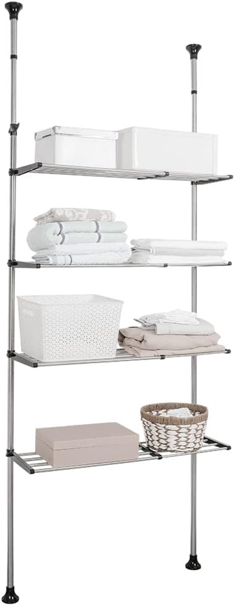 4-Tier boven het toilet opbergrek badkamer ruimtebesparende wasplank boven wasmachine droger organizer unit stand dubbele spanstangen, verstelbare hoogte en breedte - zwart