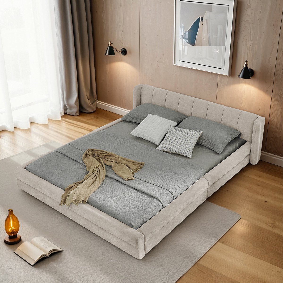 WUVRIE Tweepersoons bedframe 160x200 cm met chenille bekleding, hoofdbord en lattenbodem, beige