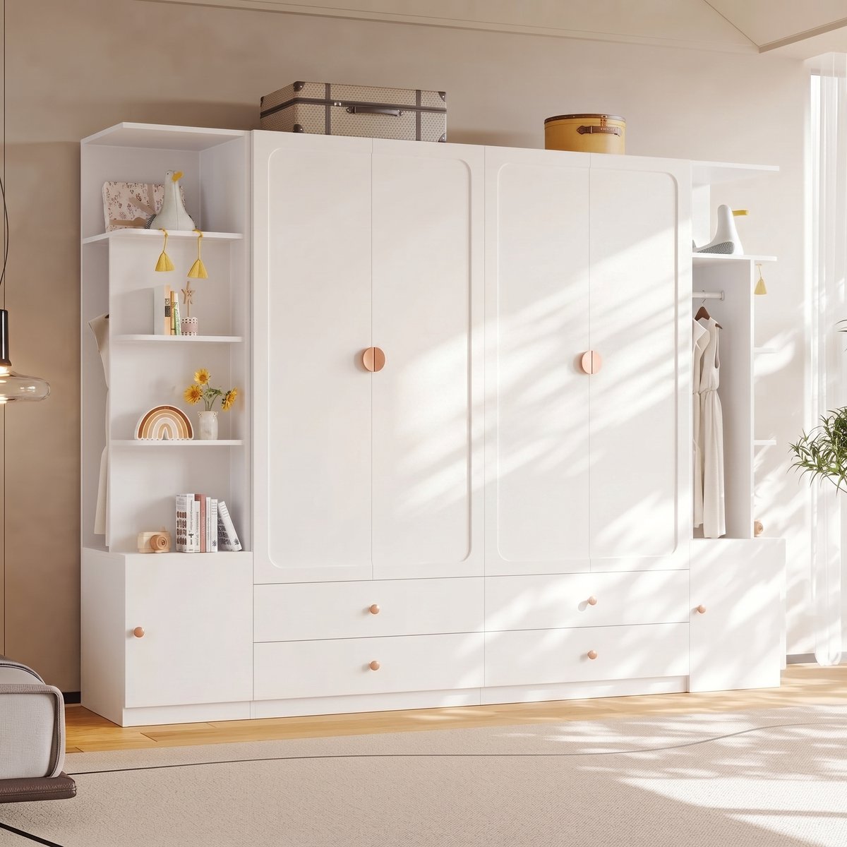 MIVRAY Kledingkast - Zes Deuren Met Vier Kledingroedes En Vier Lades - Voor Slaapkamer - Hout MDF Staal - 270x45x200 Cm - Wit