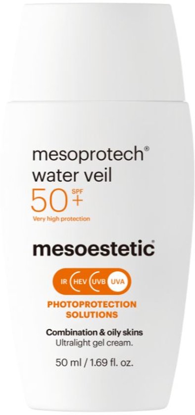 Witte fles met mesoprotech water veil SPF 50+ en teksten: Very high protection, IR HEV UVB UVA, Combination & oily skins, Ultralight gel cream, 50 ml.